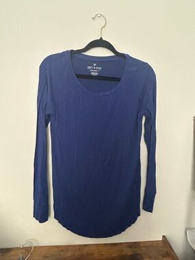 American Eagle Outfitters Long Sleeve Scoop Neck Top - Navy Womens Small